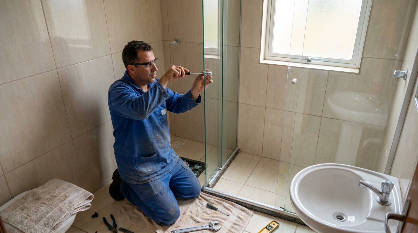 Técnico realizando manutenção de box em São José‑SC